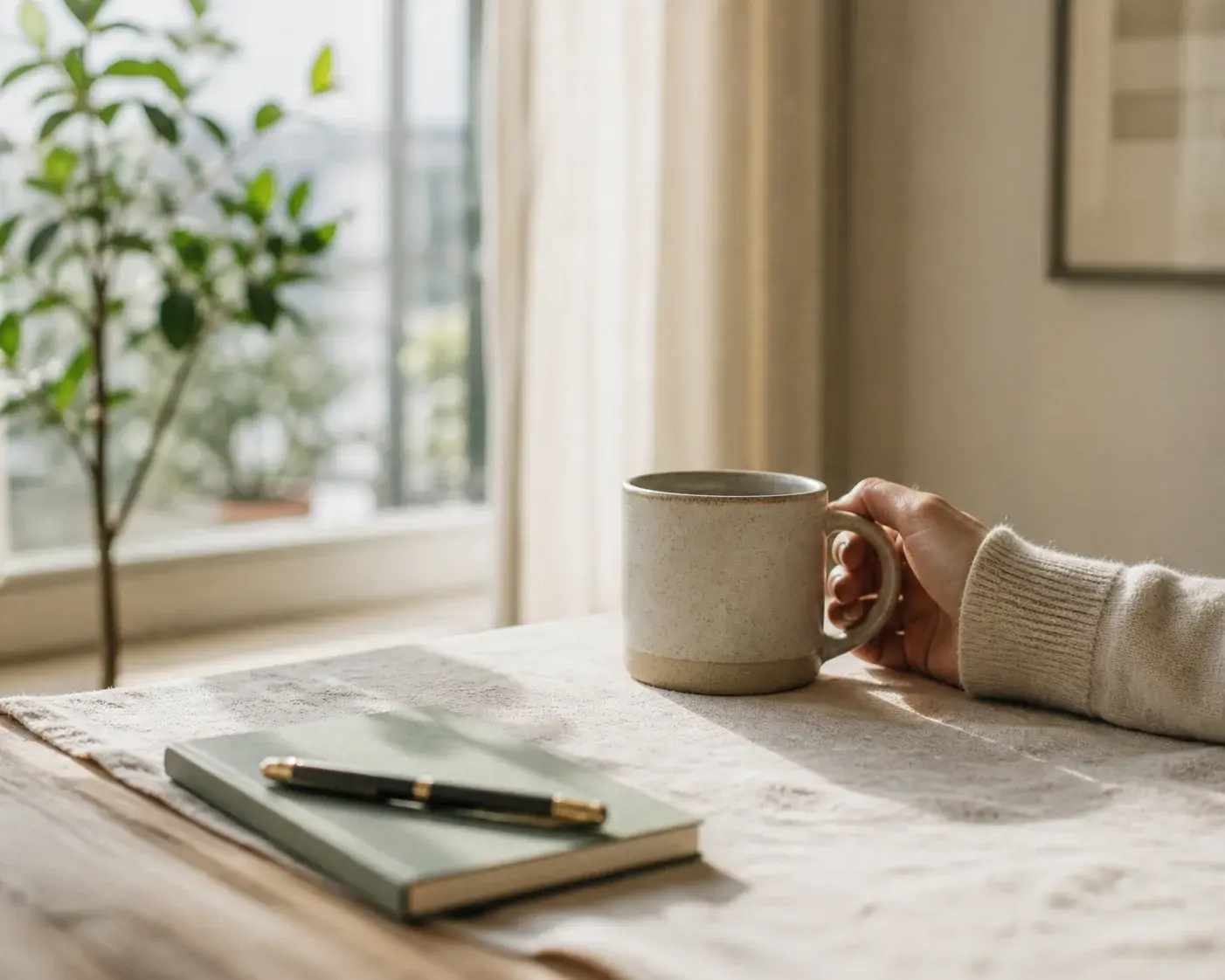 Main posée sur une tasse, lumière douce de fenêtre